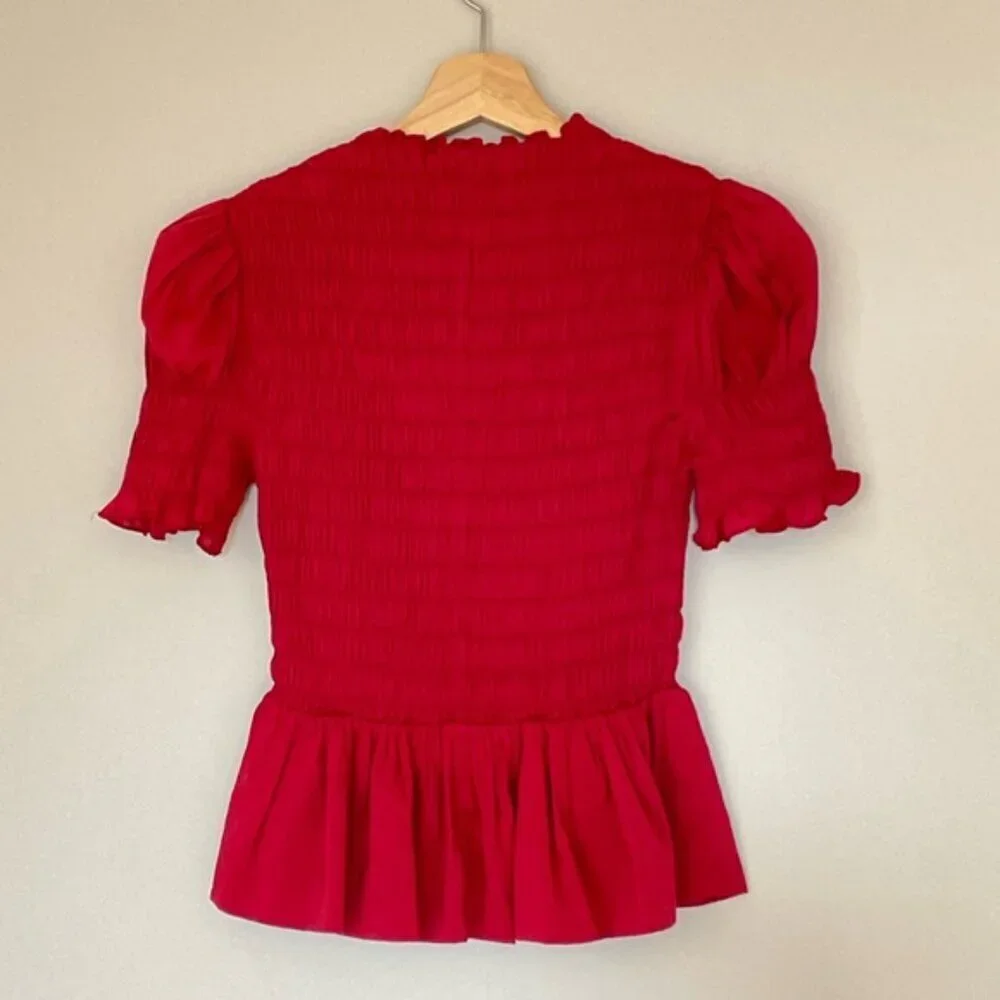 NEW Reformation Aggie Short Sleeve Top Rubies Dark Red Smocked Top | size XS